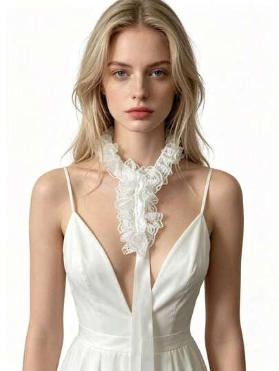 1pc Women's White Lace Ruffle Collar, Elegant Victorian Style Lace Ruffle Collar Accessory, Detachable Lace Neck Decor, Delicate Multi-Layer Lace Ruffle Design, Fine Texture, Adds Romantic Retro Style To Any Outfit