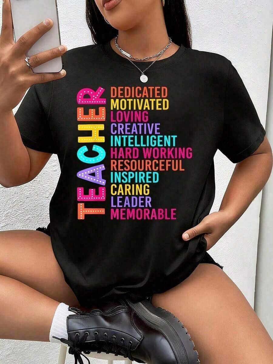 Retro Cotton T-Shirt "Welcome Back To School" / 100% Cotton For Teacher's Assistants, 1 Piece, Plus Size T-Shirt For Women, Funny, Graphic Print, Short Sleeve, Novelty T-Shirt, 100% Polyester, Round Neck, Casual Wear, 220g, Short Sleeve T-Shirt. - 黑色 - 查看 1