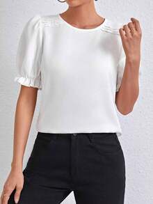informal de cuello redondo de manga corta y unicolor para mujer, verano - Blanco - Ver 6