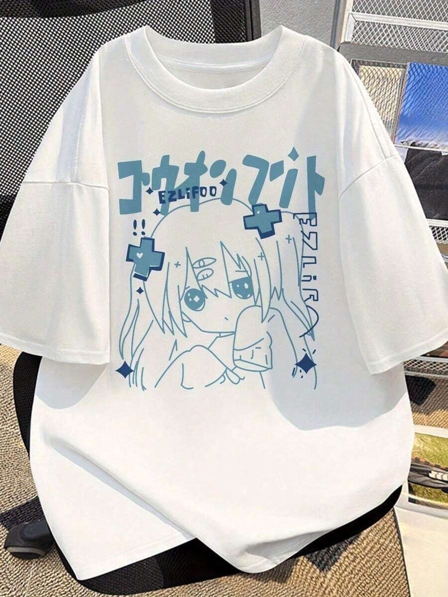 Camiseta de manga corta con estampados y texto de anime japonés, top casual para uso diario tanto para hombres como para mujeres - Blanco - Ver 1