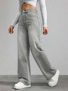 Jeans de mezclilla de pierna ancha recta de diseño simple con cintura alta para mujeres a la moda - verde militar 2 - Ver 8