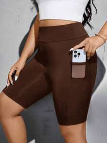 Pantalones cortos de motocicleta negros básicos, versátiles y cómodos con bolsillos para mujer de talla grande, de moda casual y deportiva para primavera y verano, ropa de calle, shorts curvilíneos, ropa para salir, ropa Y2K, joggers, shorts ci - Marrón - Ver 7