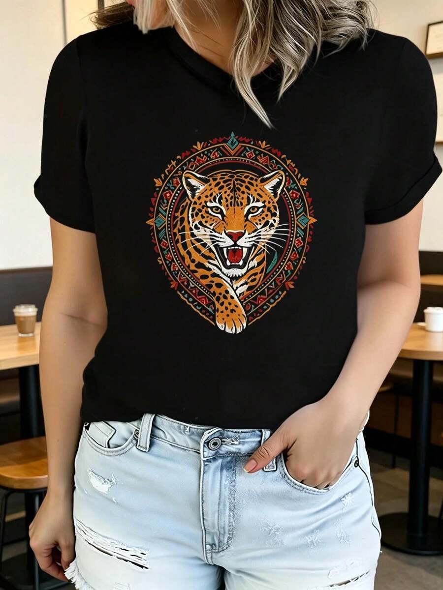 Women's Soft Printed Short Sleeve Summer T-Shirt With Eagle Design, Stylish And Casual, Machine Washable, Comfortable Fit, 2D Flat Print, Elegant Blouses For Women. - 黑色5 - 查看 1