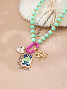 Collar de cuentas de Murano azul con colgante de palmera, collar de playa de verano con colgante de sol radiante, collar bohemio en capas, adecuado para vacaciones y uso diario - Multicolor - Ver 6