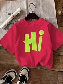 Summer 2026 Collection, Women's T-Shirt, Comfortable, Casual, Versatile, Elegant, Round Neck, Short Sleeve, Women's Top, Valentine's Day, Fluorescent Green Letter Print, 100% Cotton, Sizes S-7XL - 紅色的 - 查看 1