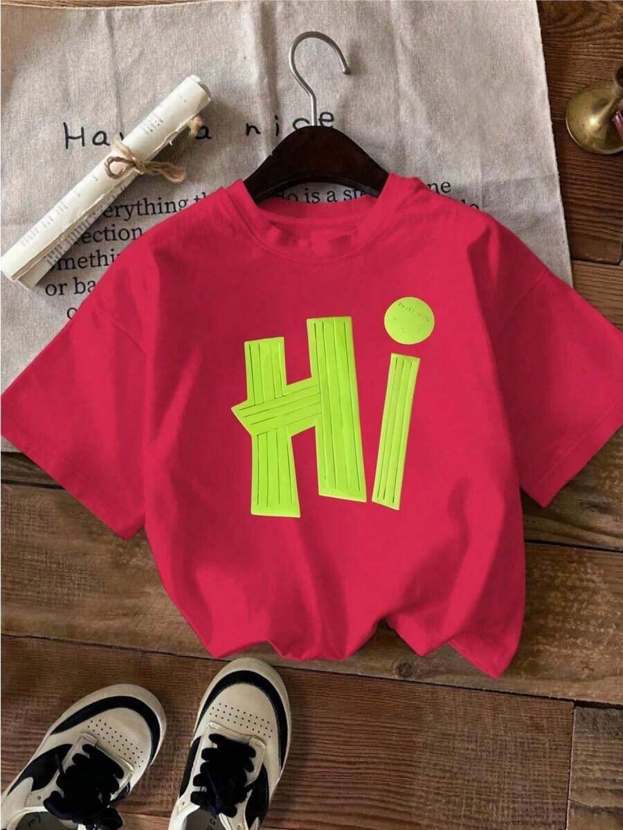 Summer 2026 Collection, Women's T-Shirt, Comfortable, Casual, Versatile, Elegant, Round Neck, Short Sleeve, Women's Top, Valentine's Day, Fluorescent Green Letter Print, 100% Cotton, Sizes S-7XL - 紅色的 - 查看 1