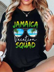 Women's Cotton Crew Neck T-Shirt With Jamaica Vacation Print, 100% Cotton, Casual, Short Sleeve, For Spring And Summer. Women's Clothing. Women's Blouses Shirt - 黑色 - 查看 8