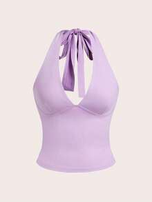 Top de tanque de vacaciones sin espalda de unicolor con cuello en V para mujeres, se puede usar como un collar colgante - Púrpura malva - Ver 1