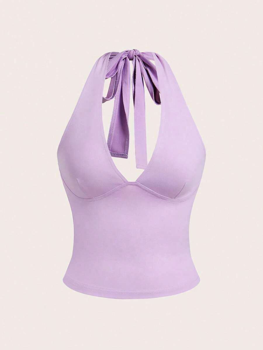 Top de tanque de vacaciones sin espalda de unicolor con cuello en V para mujeres, se puede usar como un collar colgante - Púrpura malva - Ver 1