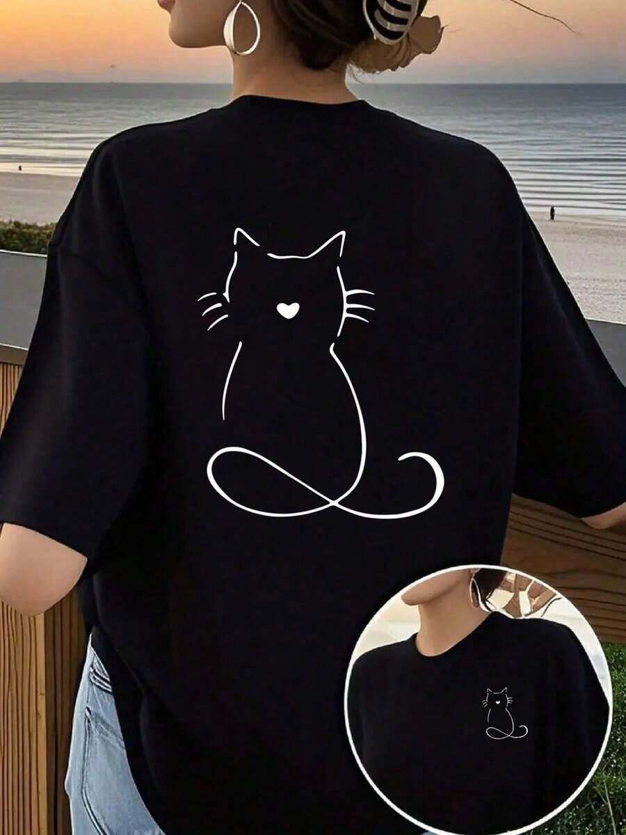 Women's Basic T-Shirts - Casual Short Sleeve T-Shirts, Lightweight Summer Essentials, Women's T-Shirt, Cute Cat Print On Front And Back, Simple Line Print, Fashionable Short Sleeves, Unique Double-Sided Pattern, Women's Everyday Wear - Casual Round Neck T-Shirt, Comfortable Fit, Suitable For Casual Outings And Sports - 黑色 - 查看 1