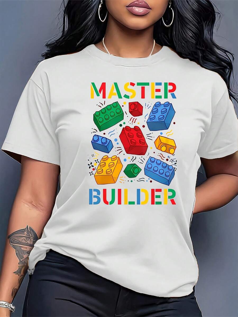 Women's T-Shirt Made Of Pure Cotton, With A Relaxed, Casual Style And A Colorful "MASTER BUILDER" Letter Print. It Features A Round Neck, Is Machine Washable, Comfortable, Soft, And Breathable, And Is Suitable For Spring, Summer, And Autumn. This Loose-Fitting, Casual, Modern, And Fashionable T-Shirt Is Ideal For Everyday Wear, Gatherings With Friends, Parties, And Events. It Also Makes A Great Gift For Friends-A Versatile Garment For Women. - 白色 - 查看 1