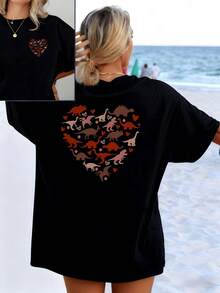 Hearts And Dinosaur Silhouettes Intertwine, Forming A Symbol Of Affection And Prehistoric Nature In Warm Tones On A Light Background. Women's Double-Sided Printed T-Shirt, Comfortable For Casual Everyday Beach Wear. - 黑色 - 查看 8