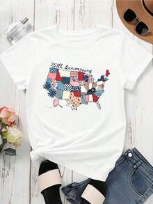 1 Piece Women's T-Shirt With Patchwork US Map Design For The 250th Anniversary, Patriotic American Flag Pattern, White Crew Neck, Casual Summer Top, Spring Clothing For Women, Summer Graphic Tees, Women's T-Shirts - 白色 - 查看 4