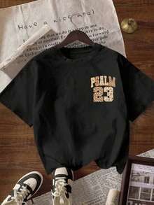 1 Piece Fashion Casual T-Shirt For Men And Women, With Round Neck And Short Sleeve, With Bible Verse Graphic "The Lord Is My Shepherd" (Psalm 23), Vintage Faith Design, Suitable For Autumn/Winter/Summer, Versatile, Easy To Match, Ideal For Daily Wear, Urban Style, Holiday Wear, Weekend Wear. - 黑色 - 查看 2