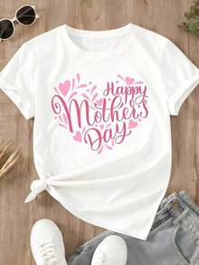 Women's Heart Print T-Shirt For Mother's Day, Round Neck, Casual Everyday Wear - Urban Vintage Style, Unisex, Cotton, Short Sleeve, Round Neck - 白色 - 查看 2