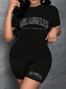Set de 2 piezas con parte superior de manga corta con cuello redondo y estampado de letras, y shorts para mujer - Negro 2 - Ver 6