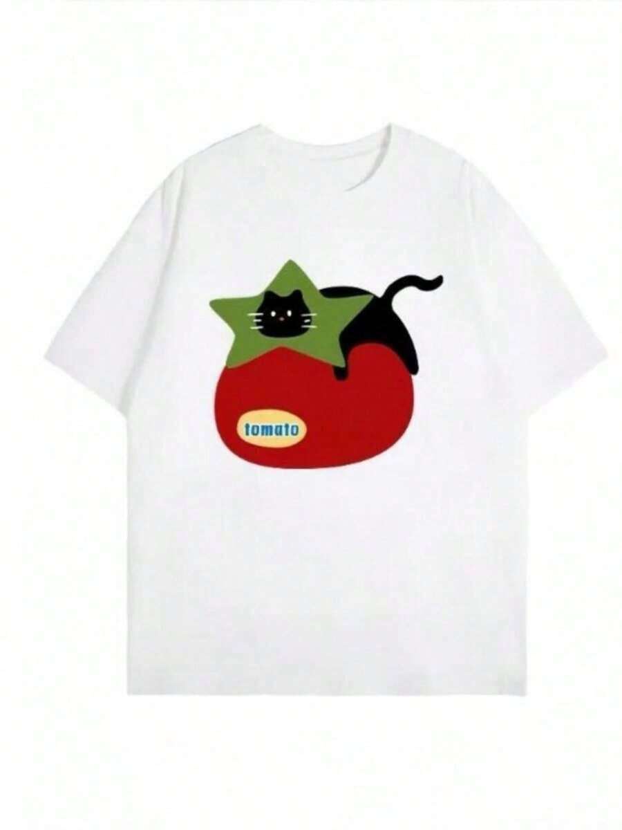 Women's Summer T-Shirt With Cat And Tomato Print, Round Neck, Short Sleeve, Casual Style, Comfortable, 100% Cotton - 白色 - 查看 1