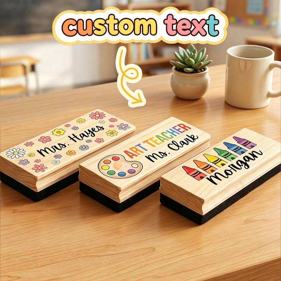 1个定制文字木质教师白板擦,个性化姓名黑板擦,可定制标语美术教师礼物,蜡笔/颜料盘/花朵手绘图案设计,天然木质配黑色海绵擦 - 款1 - 查看 1