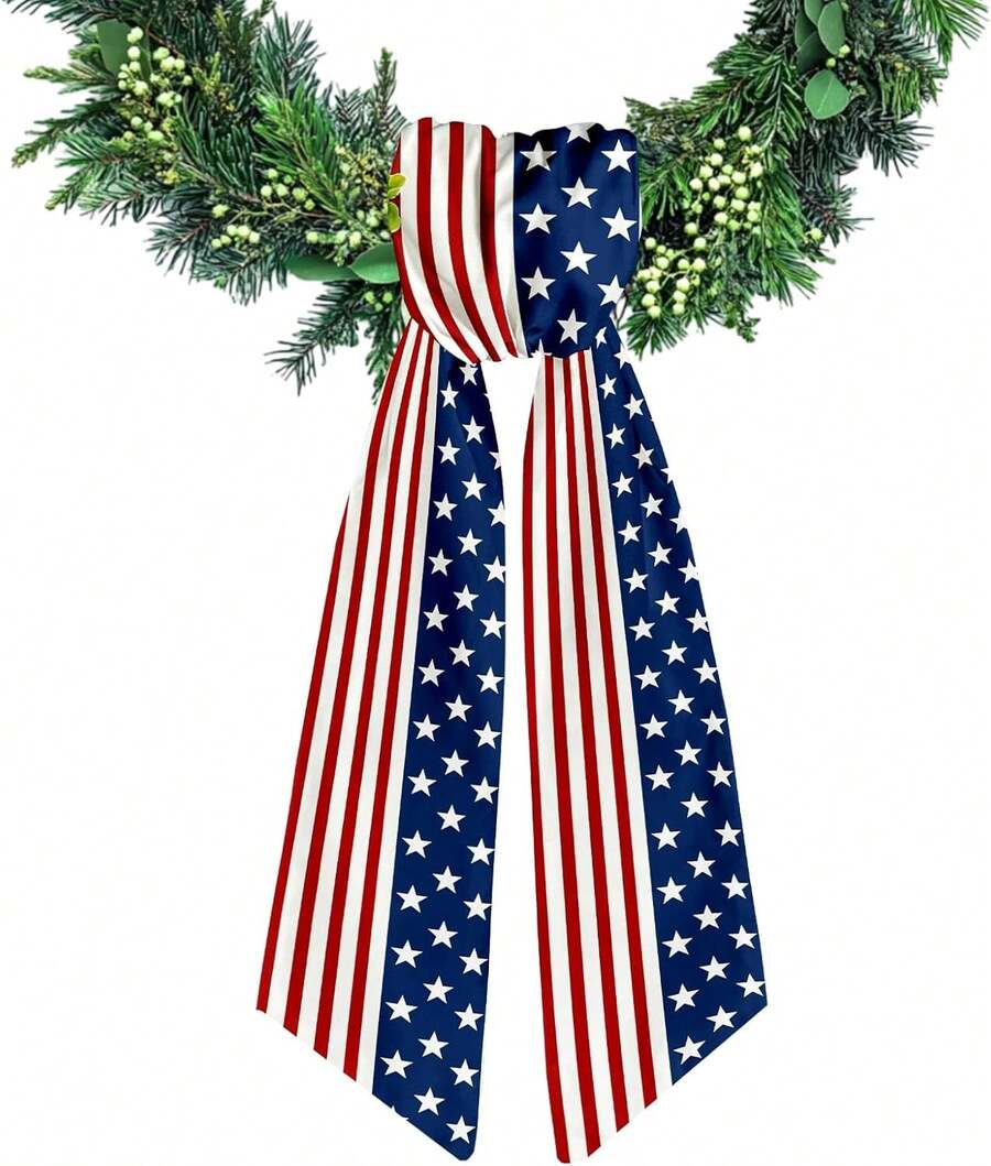 Patriotic Wreath Sash For Front Door, Wreath Sash, Wreaths Front Door, 4th Of July Door Wreath, Patriotic Ribbon, Red White Stripe Wreaths Satin Sash Star Garland Ribbon Accessories For Wreath Yard Doorway Indoor 5.1 X 54.3 - 1 Flag - View 1