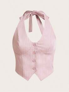 Top halter con botones y estampado de rayas, atuendos de verano - Rosa vieja - Ver 5