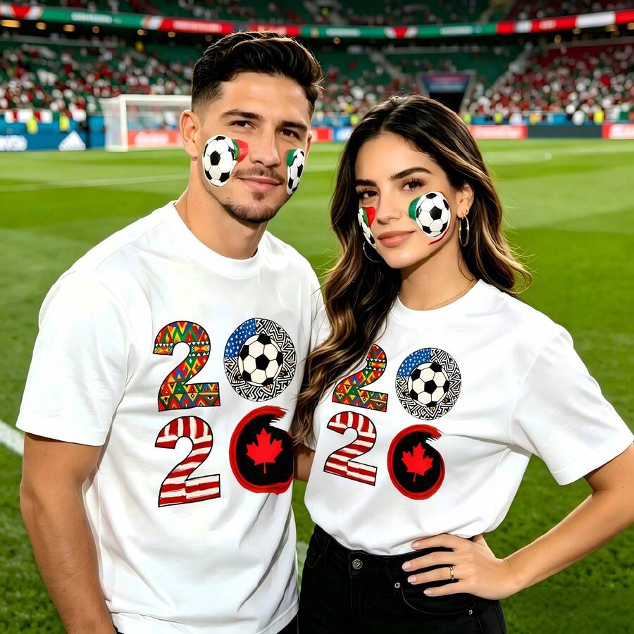 Couple Football Pattern T-Shirt, 100% Cotton, Loose Fitting, Soft And Breathable, Casual Round Neck Short Sleeved Top Two Zero Two Six Soccer Canada Flag Printed Patterns, Dating, Leisure Travel, Gatherings, Simple Cartoon Printing Style, High Cost-Effectiveness Suitable For Watching Live Sports - 白色 - 查看 1