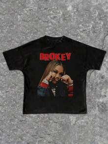 1 Piece Of Cotton Clothing For Girls, Y2K Inspired Letter Print T-Shirt - Casual Round Neck, Short Sleeve, Machine Washable - Perfect For Spring/Summer/Autumn, Fashion, Streetwear, Unisex, For Men And Women. - 黑色 - 查看 3