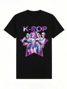 Camiseta de manga corta con cuello redondo suave y casual para mujer, estampado gráfico de chica estrella de K-Pop, adecuada para uso diario. Negro. - Negro - Ver 2