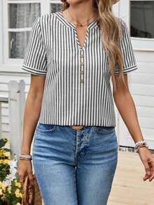 Camisa casual de mujer de cuello en V a rayas de manga corta - Negro - Ver 3