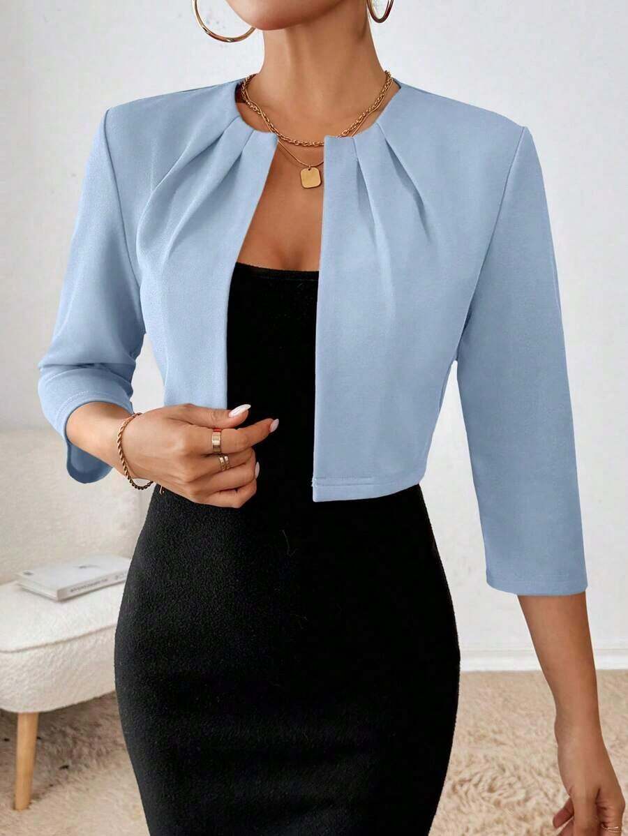 Blazer corto de mujer con abertura frontal, chaqueta elegante de unicolor para el trabajo o atuendos elegantes en otoño/invierno - Celeste - Ver 1