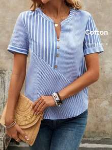 Blusa casual de mujer con escote de ojo de cerradura a rayas - Multicolor - Ver 8