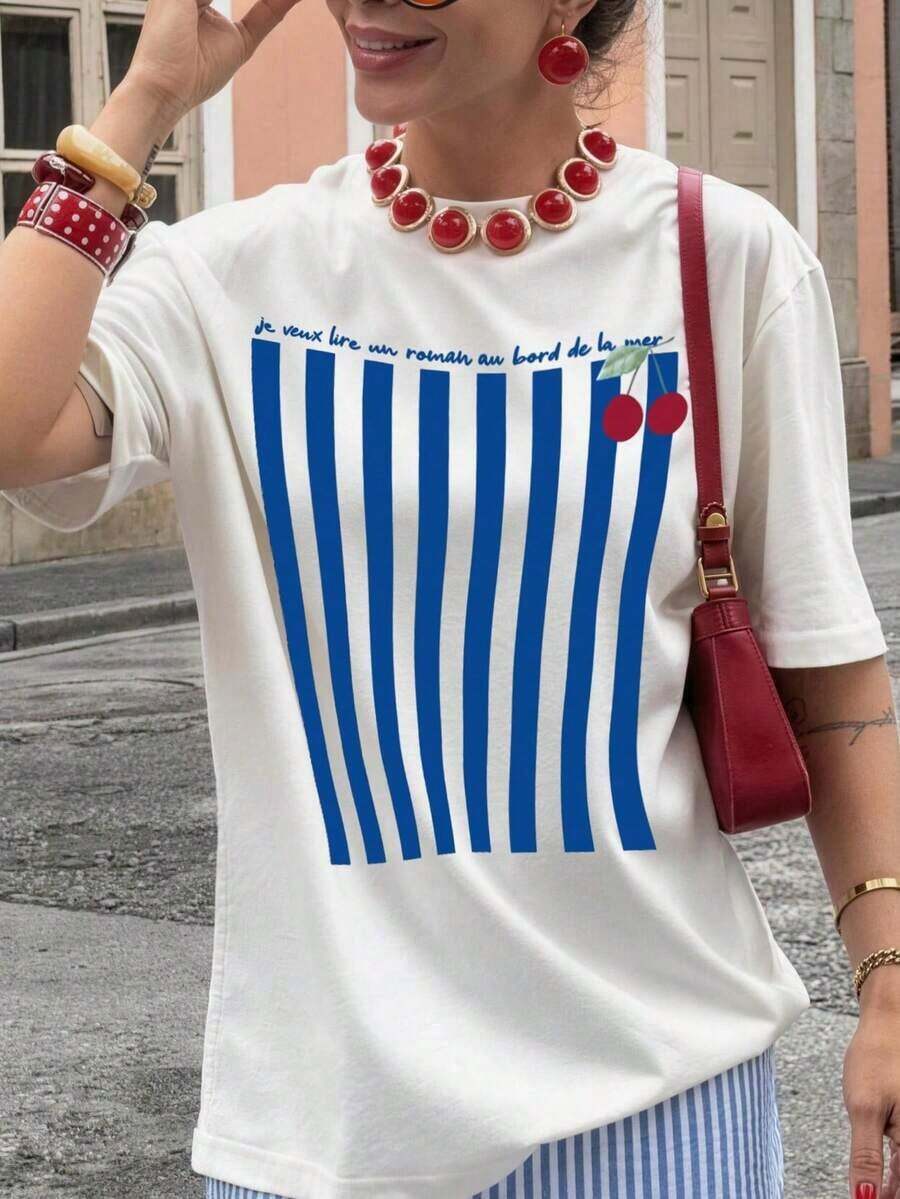 Niche Design Resyla Women's Loose Fit Short Sleeve White T-Shirt, Floral White And Blue, Summer, Casual, City Break, Retro Preppy Style With Red And Blue Stripes And Co Print - 白色 9 - 查看 1