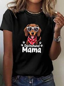 Women's "Dachshund Mom" Short Sleeve T-Shirt, Casual Crew Neck, Polyester Fabric, Geometric Pattern, All Seasons Wear, Regular Length - 95% Polyester, 5% Elastane, 180g/M² - 黑色 - 查看 1