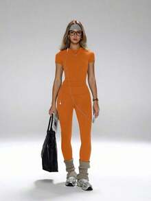 Conjunto de yoga para mujer, pantalones deportivos de cintura alta, conjunto deportivo moldeador de 2 piezas, conjunto de yoga con control de abdomen, camiseta de cuello redondo ajustada emparejada con pantalones de yoga de cintura alta, conjunto esen - Naranja - Ver 10