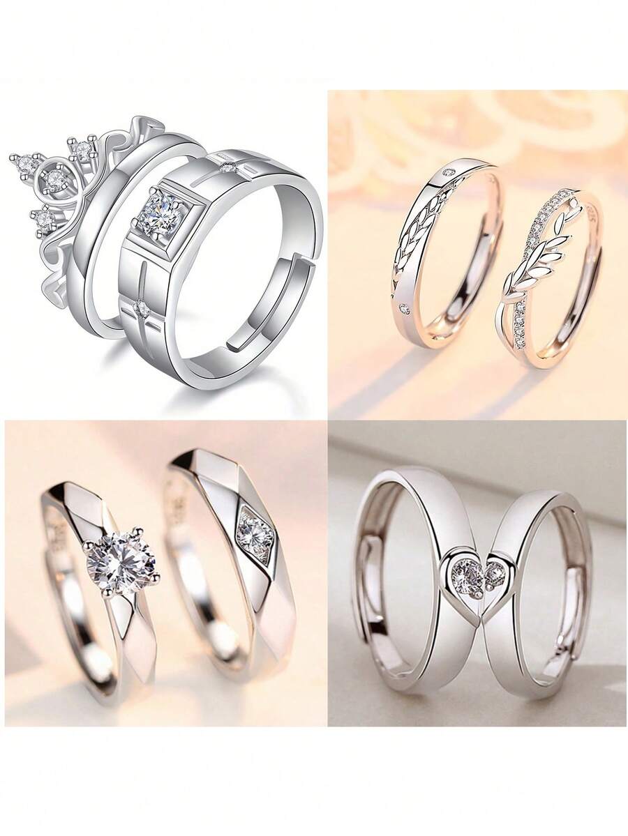 Set de 8 piezas/4 pares de anillos ajustables para parejas, con estilos que incluyen corona, hoja, corazón y patrones geométricos, anillos de promesa con material de baño de plata y circonita cúbica, un regalo de joyería adecuado para parejas, regalo del Día de San Valentín - 4 pares - Ver 1