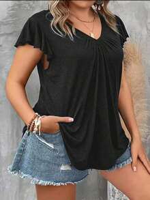 Camiseta de mujer de talla grande con cuello en V, manga corta, calada y bordada, para usar de vacaciones - Negro - Ver 3
