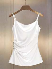 Camiseta ajustada con escote pronunciado y decoración de botones fruncidos en los laterales, de moda para mujeres - Blanco - Ver 3