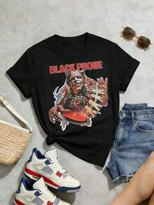 Women's Summer Clothes, Soft And Casual Cotton T-Shirt With Round Neck, Black Telephone Letter Print With The Phrase "Every Call Is A Life". - 黑色 - 查看 2