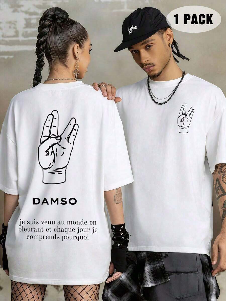Camiseta unissex branca feita de 100% algodão com estampa de hip-hop urbano francês, nova camiseta esportiva para primavera/verão, corte solto, moderna, confortável e respirável, de manga curta para mulheres e homens. - Branco - Ver 1