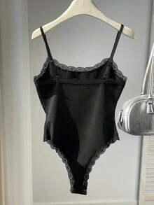 Body de encaje con parches, versátil para uso diario casual de mujer - Negro - Ver 2
