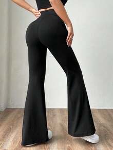 Pantalones de mujer negros tejidos ajustados y acampanados, de moda y versátiles - Negro 3 - Ver 2