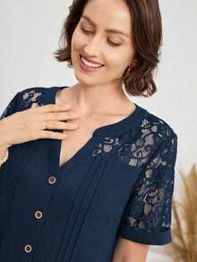 Vestido casual diario de encaje y parches para mujer, primavera y verano - Azul marino - Ver 7