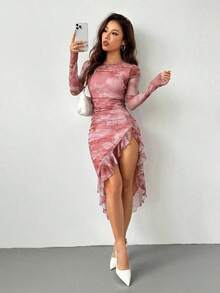 Vestido de fiesta asimétrico con abertura y hoja de loto para mujer - Rosa vieja - Ver 8