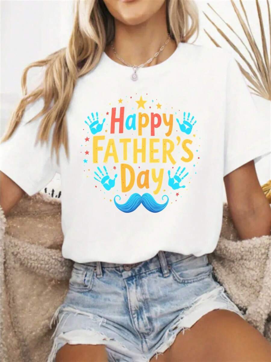 Creative Design For Father's Day, Fashionable Women's Casual Sports T-Shirt, Round Neck, Stretchy Fabric, Printed, Suitable For All Seasons, Casual Women's Sportswear. Elegant Party Outfit, T-Shirt For Elegant Ladies, Blouses Suitable For Curvy Women, Casual Wear, Cool And Sweat-Free Summer Wear, Fun Letter Print. - 白色 - 查看 1