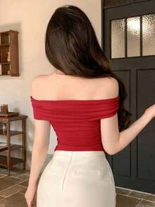 Blusa/Camiseta ajustada de hombros descubiertos con estampado de lunares para mujer - Rojo - Ver 3