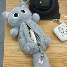 1pc Large Capacity Gray Cat Plush Pencil Case - Soft & Thick Polyester Zipper Pouch, Adorable Cartoon Design, Suitable For School & Office Supplies Storage, Pencil Case, Small Bag, School Supplies, Office Supplies, Christmas, Halloween, Christmas Stocking Stuffers, Halloween Gifts, Cute School Supplies - Cute Cat Pencil Case - View 2