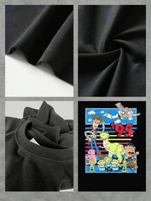 Colorful Graphic Featuring Animated Toy Characters And The Number 95, Evoking Friendship, Adventures, And Childhood Nostalgia In A Vibrant Retro Style. Comfortable, Soft, Casual Fit Women's T-Shirt, Ideal For Everyday Wear. - 黑色 - 查看 4