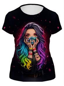 Camiseta de Mujer Plus Talla Negra con Diseño Gráfico de Tatuaje Atrevido - Estilo Urbano Colorido con Arte de Pintura Facial y Cabello Azul, Cuello Redondo Manga Corta para Festivales de Música y Ropa Casual, Lavable a Máquina, Camiseta de Declaración Audaz - Colores mezclados - Ver 4