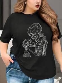 Talla grande, camiseta casual en Y de talla grande para mujer, estampado de calavera de perro, camiseta de manga corta de ajuste cómodo, top casual de moda transpirable - Negro - Ver 8
