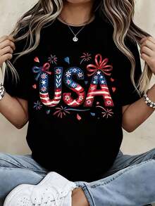 1 Piece Of Women's Round Neck T-Shirt With Patriotic US Flag Design, With Stars And Stripes, Decorative Bow, Short Sleeve, For Independence Day Celebration, 180g, 100% Cotton. - 黑色 - 查看 12