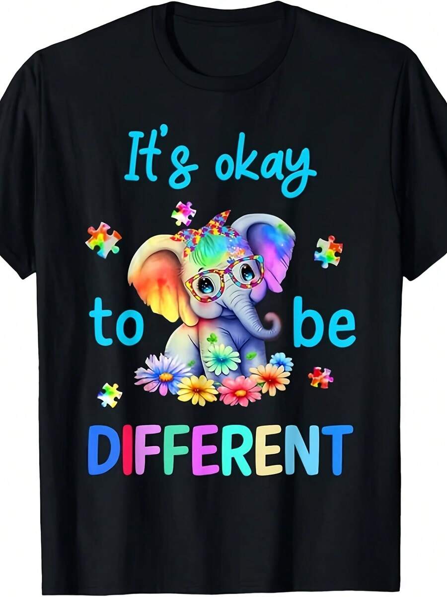 T-Shirt, Funny Elephant Print T-Shirt, Puzzle Design For Autism Awareness, Casual Short Sleeve Summer T-Shirt, Perfect For Daily Wear And Gifts, Circus T-Shirt, Great For Holidays And Playtime, Excellent For Parties And Family Vacations, Party Outfit, Summer Outfit, Warm Weather Clothing. - 黑色 - 查看 1